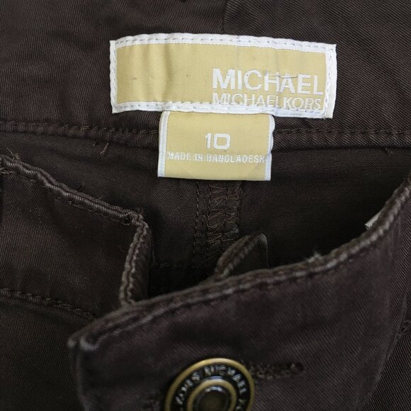 MICHAEL KORS Brown Faux Zip Pockets Logo Hardware 5 Pocket Jeans - Picture 2 of 14